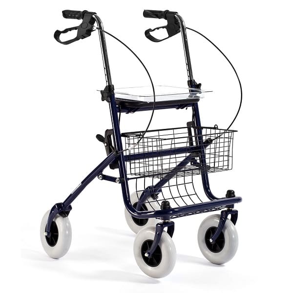 Lekki, składany chodzik na czterech kołach z koszykiem i regulowanymi uchwytami, przeznaczony dla osób starszych lub niepe