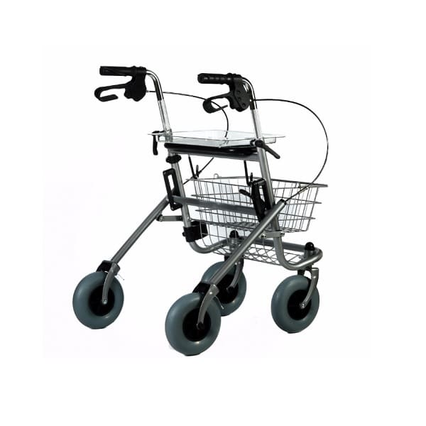 Lekki składany chodzik z koszykiem i czterema dużymi kółkami, przeznaczony dla osób starszych lub z ograniczoną mobilno