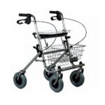 Lekki, składany chodzik z czterema kołami, koszykiem i regulowanymi uchwytami, przeznaczony dla osób starszych lub niepeł