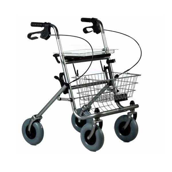 Lekki, składany chodzik z czterema kołami, koszykiem i regulowanymi uchwytami, przeznaczony dla osób starszych lub niepeł