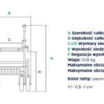 Specyfikacja techniczna wózka inwalidzkiego z wymiarami, regulacją wysokości i maksymalnym obciążeniem 135 kg.