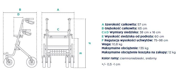 Specyfikacja techniczna wózka inwalidzkiego z wymiarami, regulacją wysokości i maksymalnym obciążeniem 135 kg.