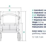 Schemat wózka dziecięcego z wymiarami, wagą i dostępnymi kolorami ramy: bordowym, ciemnoniebieskim, grafitowym i niebiesk