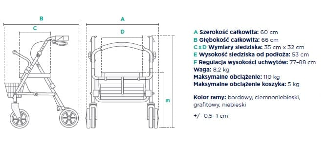 Schemat wózka dziecięcego z wymiarami, wagą i dostępnymi kolorami ramy: bordowym, ciemnoniebieskim, grafitowym i niebiesk