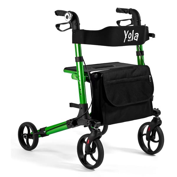 Lekki składany chodzik z czterema kołami, czarną torbą i pasem z napisem Yola.