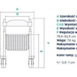 Specyfikacja techniczna wózka inwalidzkiego z wymiarami, regulacją wysokości i wagą maksymalną.