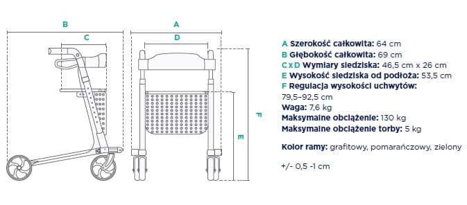 Specyfikacja techniczna wózka inwalidzkiego z wymiarami, regulacją wysokości i wagą maksymalną.