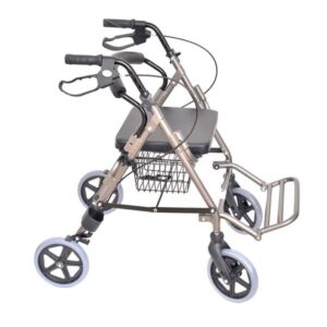 Lekki, składany chodzik z czterema kołami, czarnym siedziskiem i koszykiem na drobne przedmioty.