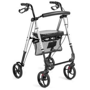 Lekki składany chodzik z czterema kołami, czarnym koszykiem pod siedzeniem i regulowanymi uchwytami.