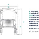 Wózek inwalidzki z szerokością 65 cm, głębokością 69 cm, regulacją wysokości siedziska i uchwytów, ważący 6,8 kg,