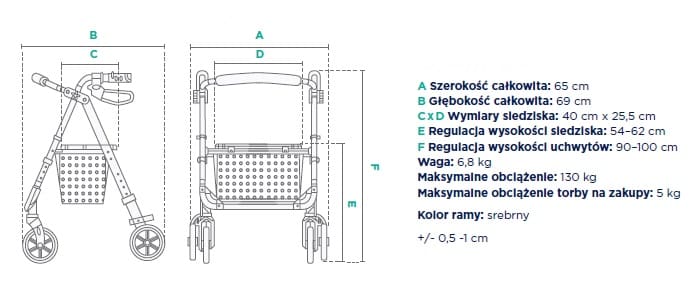 Wózek inwalidzki z szerokością 65 cm, głębokością 69 cm, regulacją wysokości siedziska i uchwytów, ważący 6,8 kg,