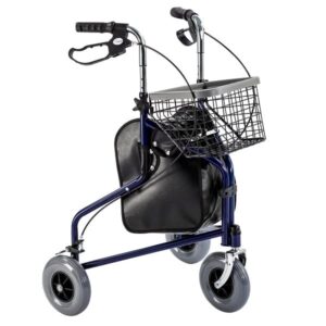 Lekki składany chodzik na kółkach z koszykiem, czarną torbą i regulowanymi uchwytami, przeznaczony dla osób starszych l