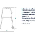 Szczegółowe wymiary i parametry chodzika, w tym szerokość, głębokość, wysokość, waga i dostępne kolory ramy.