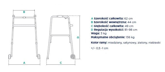 Szczegółowe wymiary i parametry chodzika, w tym szerokość, głębokość, wysokość, waga i dostępne kolory ramy.