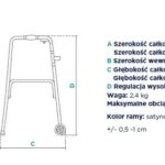 Specyfikacja techniczna chodzika z wymiarami, wagą i możliwością regulacji wysokości.