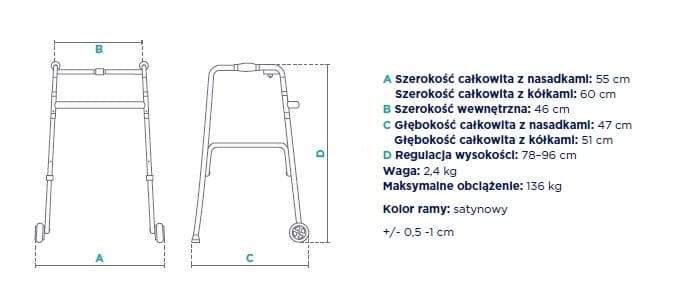 Specyfikacja techniczna chodzika z wymiarami, wagą i możliwością regulacji wysokości.
