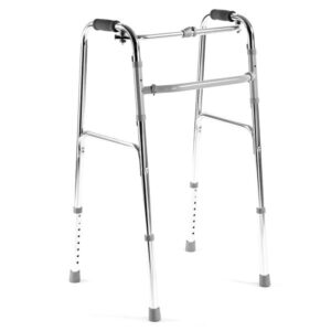 Lekki chodzik z metalową ramą i gumowymi końcówkami, przeznaczony do wsparcia podczas chodzenia.