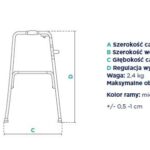 Schemat składanej poręczy o szerokości 54 cm, głębokości 48 cm, regulowanej wysokości 80-97 cm, z metalowym ramieniem.