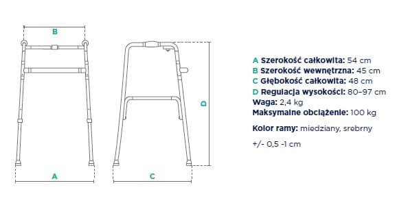 Schemat składanej poręczy o szerokości 54 cm, głębokości 48 cm, regulowanej wysokości 80-97 cm, z metalowym ramieniem.