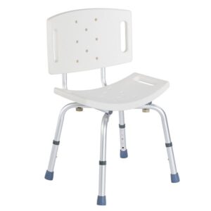 Biała, regulowana krzesło z metalowymi nogami i otworami na oparciu, przeznaczone do użytku w placówkach medycznych.