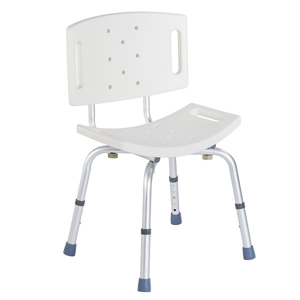 Biała, regulowana krzesło z metalowymi nogami i otworami na oparciu, przeznaczone do użytku w placówkach medycznych.