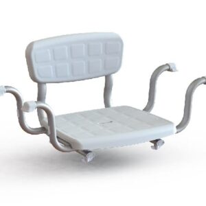 Siedzisko z oparciem i czterema ramionami, przeznaczone do montażu na ścianie, z kółkami do przesuwania.