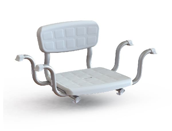 Siedzisko z oparciem i czterema ramionami, przeznaczone do montażu na ścianie, z kółkami do przesuwania.