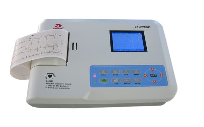 Automatyczny defibrylator z wyświetlaczem i wydrukiem, używany do ratowania życia podczas nagłych zatrzymań serca.