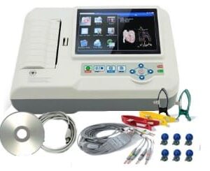 Urządzenie medyczne z ekranem dotykowym, przewodami, elektrodami i akcesoriami do diagnostyki serca.