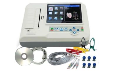 Urządzenie medyczne z ekranem dotykowym, przewodami, elektrodami i akcesoriami do diagnostyki serca.