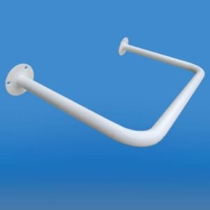 Uchwyt łazienkowy w kształcie litery L, zamocowany do ściany, na niebieskim tle.