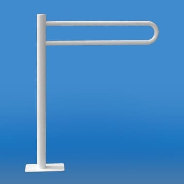 Biała barierka z zakręconym końcem na tle niebieskiego nieba.