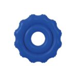 Niebieska, okrągła balonowa ozdoba z falistymi krawędziami i centralnym otworem.