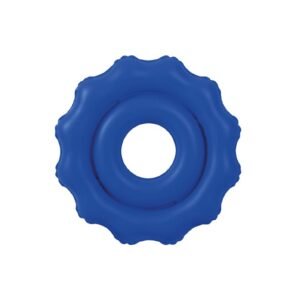 Niebieska, okrągła balonowa ozdoba z falistymi krawędziami i centralnym otworem.