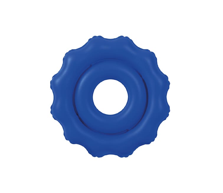 Niebieska, okrągła balonowa ozdoba z falistymi krawędziami i centralnym otworem.