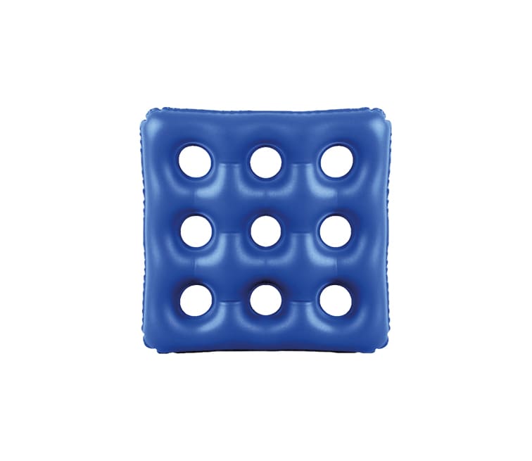 Niebieska poduszka do ćwiczeń z dziewięcioma otworami, używana do rehabilitacji i ćwiczeń równowagi.