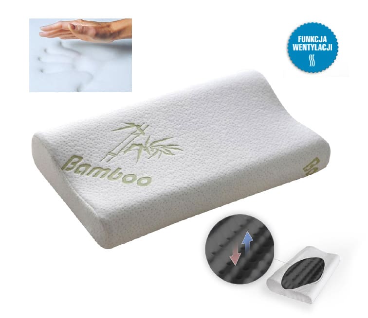 Poduszka z funkcją wentylacji, wykonana z pianki bambusowej, z oznaczeniem bambusowego wzoru i tekstem Bamboo.