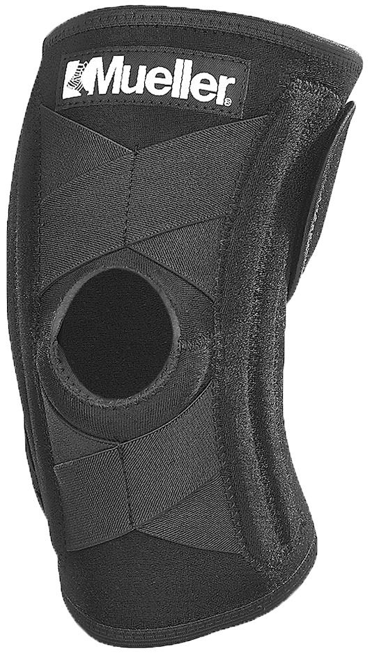 Elastyczny stabilizator nadgarstka Mueller z otworem na kciuk i rzepami, czarny, zapewnia wsparcie i kompresję.