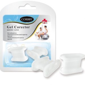 Zestaw żelowych korektorów mięśniowych CORBBY Medic Line, w opakowaniu z ilustracją osoby ćwiczącej na piłce.