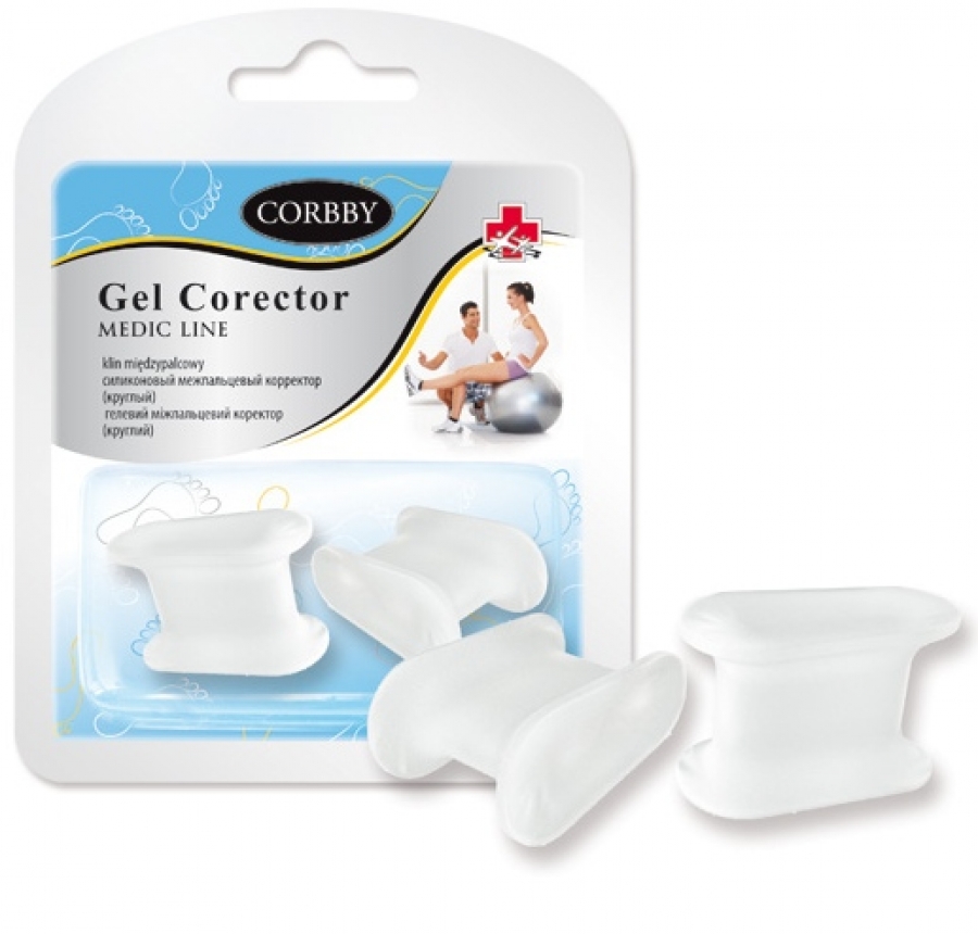 Zestaw żelowych korektorów mięśniowych CORBBY Medic Line, w opakowaniu z ilustracją osoby ćwiczącej na piłce.