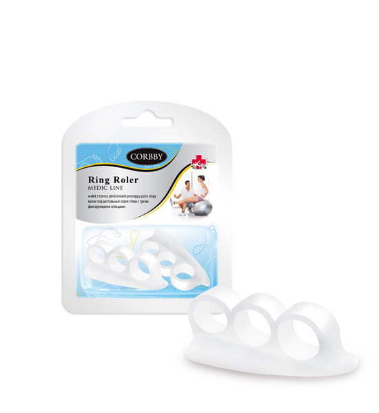 Zestaw czterech białych pierścieni do ćwiczeń rehabilitacyjnych, umieszczonych na plastikowej podstawce.