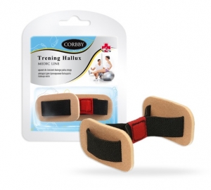 Zestaw treningowy Hallux z elastycznymi nakładkami na palce stóp, w opakowaniu z instrukcją.