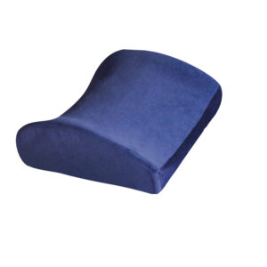 Poduszka ortopedyczna z niebieskiego materiału, przeznaczona do wsparcia głowy i szyi podczas odpoczynku.