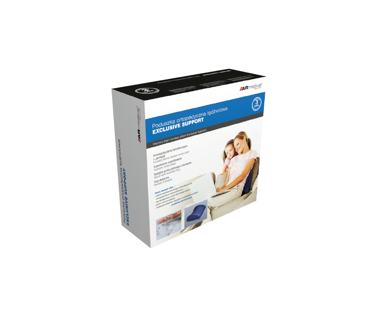 Poduszka ortopedyczna lędźwiowa EXCLUSIVE SUPPORT z obrazem kobiety i dziecka na kanapie, w czarno-biało-niebieskim opakow