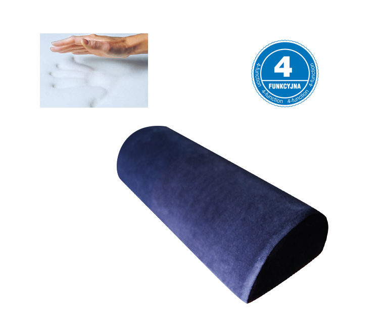 Rolka do masażu lub ćwiczeń o funkcji 4-winny, w kolorze ciemnoniebieskim, obok ręki przesuwającej po śniegu.