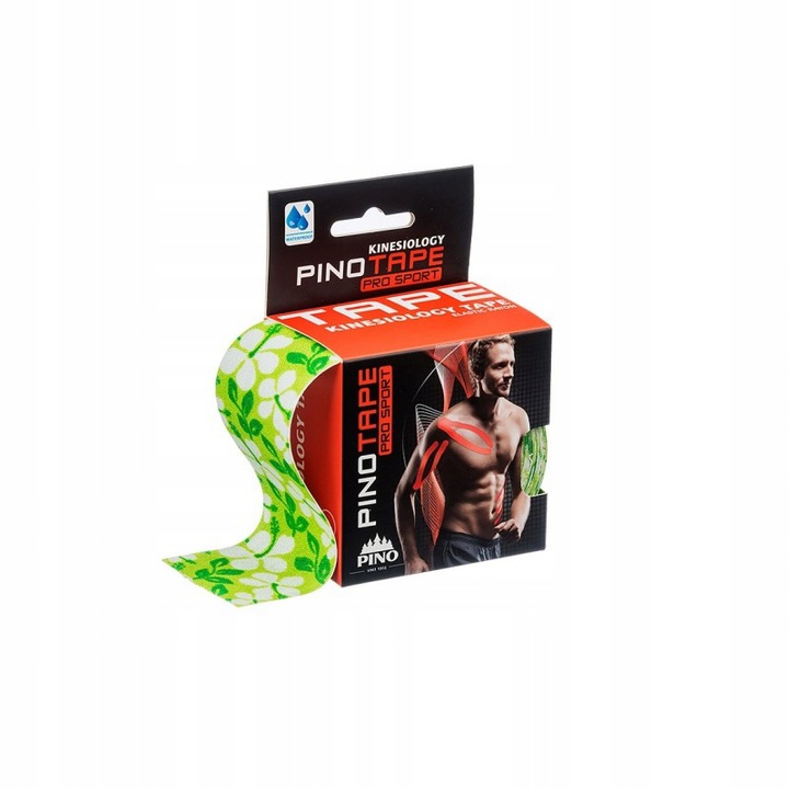 Kinesiology tape Pino Tape Pro Sport w opakowaniu z obrazem mężczyzny z opaską na ramieniu, zielony z białymi wzorami.