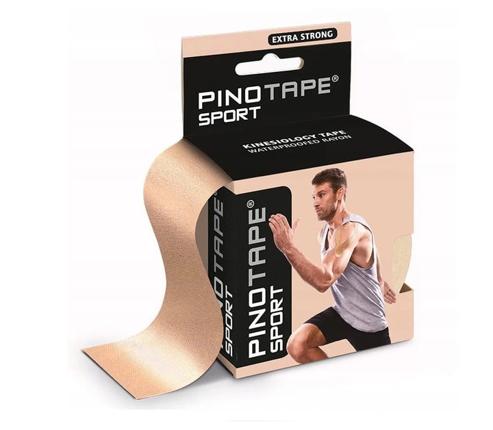 Kinesiology tape PINOTAPE SPORT na rękę i nogę, opakowanie z mężczyzną w sportowej pozie, biało-czarna i beżowa kolor