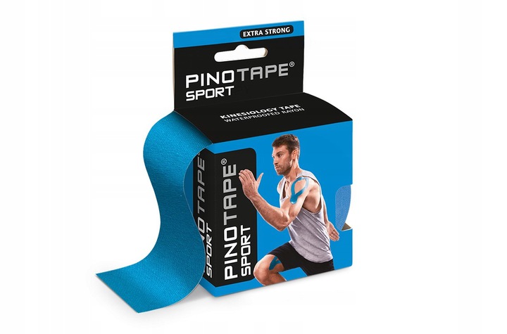 Kinesiology tape sportowe w kolorze niebieskim, na opakowaniu mężczyzna w sportowej odzieży przykłada taśmę do ramienia