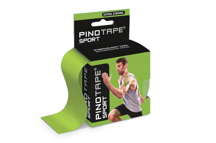 Kinesiology tape sportowe w zielonym opakowaniu, z mężczyzną w sportowej pozie na etykiecie.