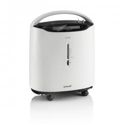 Przenośne urządzenie klimatyzujące na kółkach, białe, z czarnym panelem i wskaźnikiem poziomu chłodzenia.